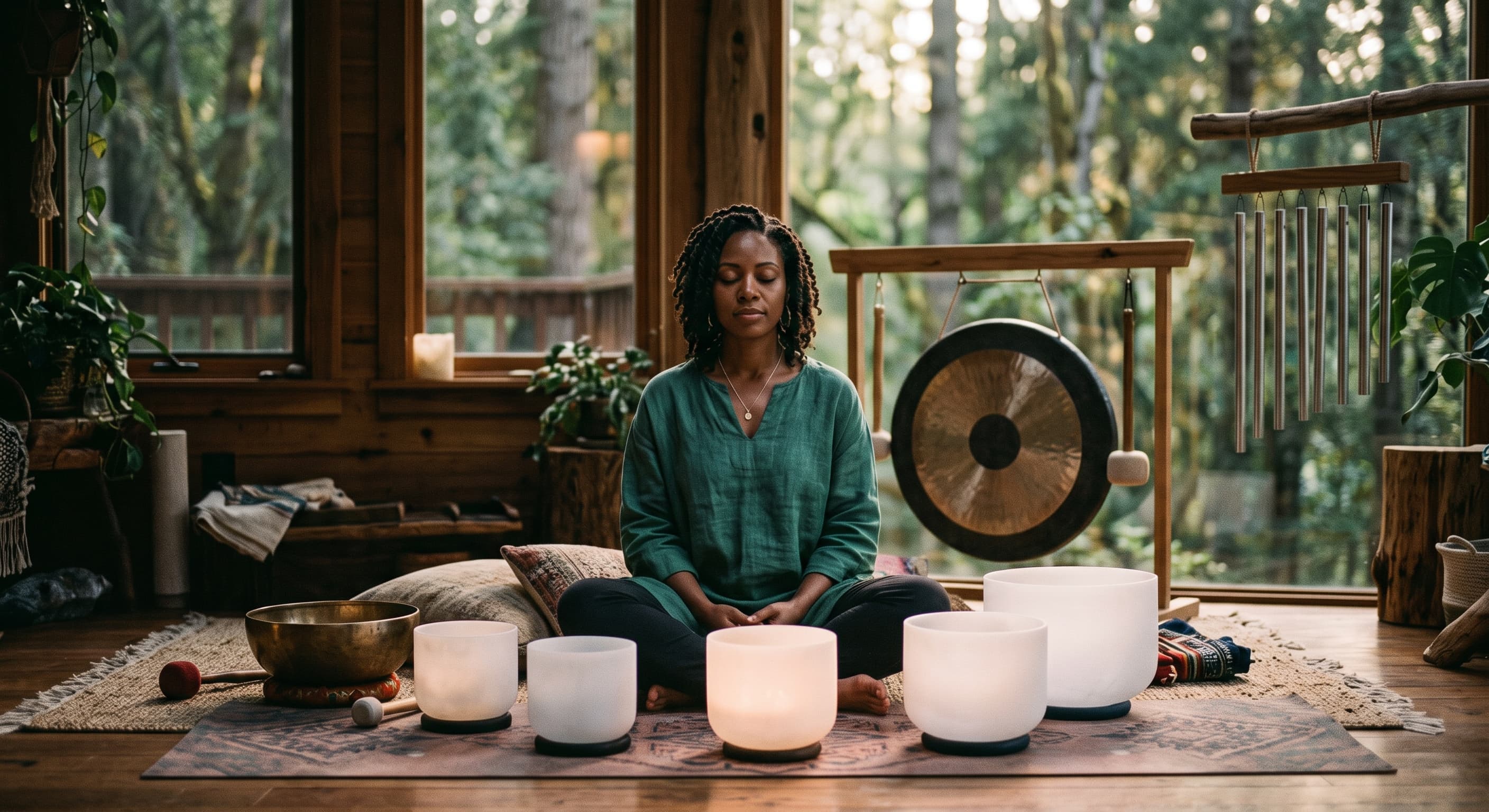 Mulher negra em um ambiente com instrumentos de terapia sonora